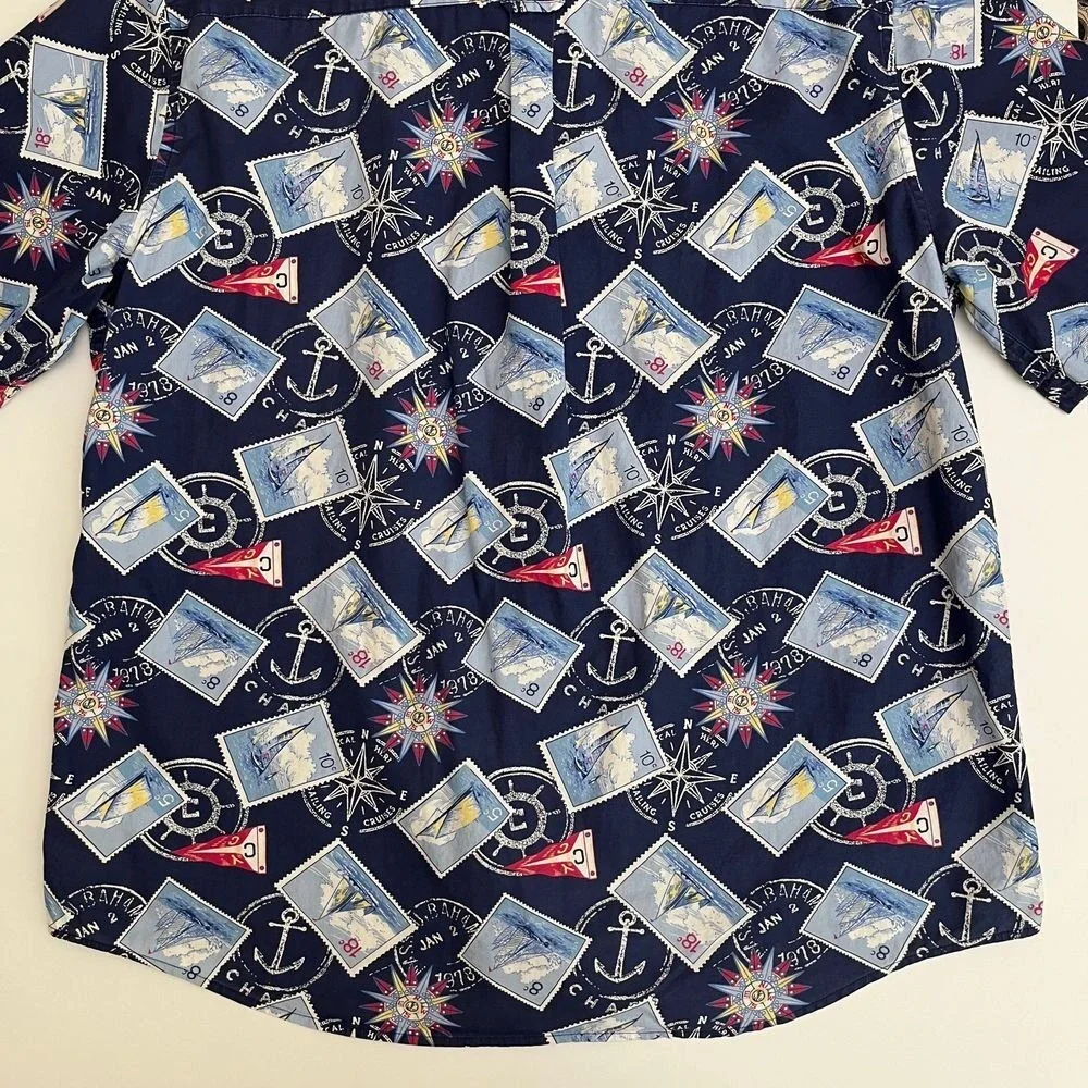 Chaps Mens Travel Stamp Blue Short Sleeve Button Down Shirt, Chaps Button Up S19
